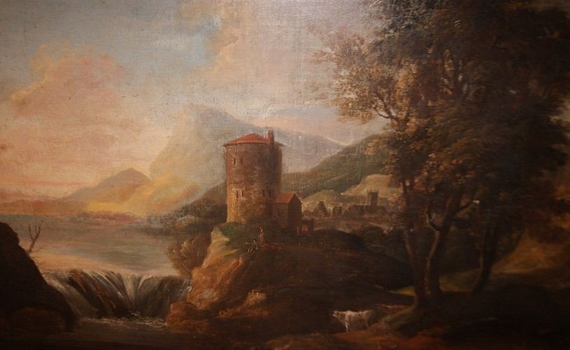 Italian Oil On Canvas From 1700 Representing A Landscape With Figures, A Waterfall And A View -photo-2