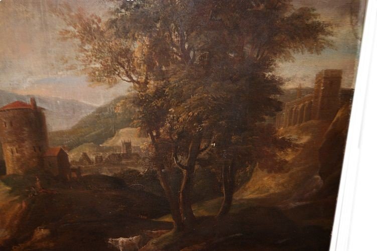 Italian Oil On Canvas From 1700 Representing A Landscape With Figures, A Waterfall And A View -photo-3