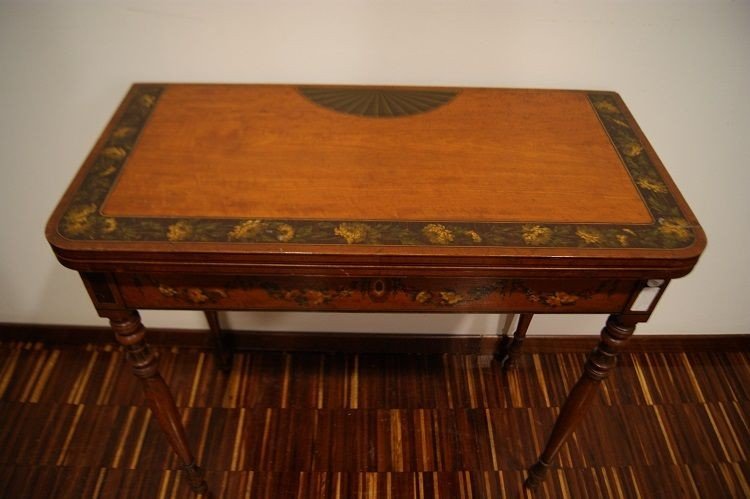 English Games Table From The First Half Of The 1800s, Sheraton Style, In Satinwood With Paintin-photo-2