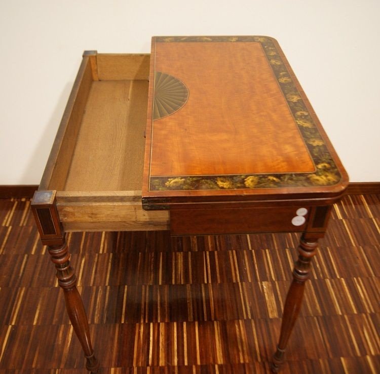 English Games Table From The First Half Of The 1800s, Sheraton Style, In Satinwood With Paintin-photo-2