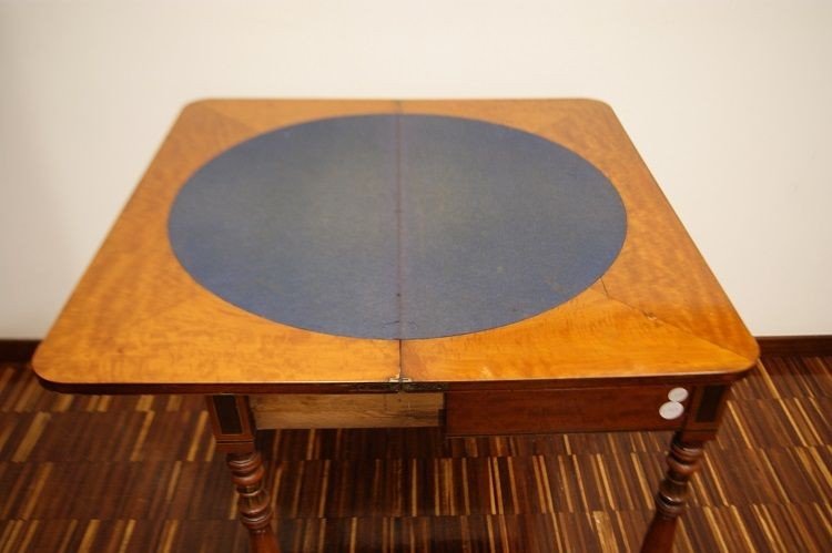 English Games Table From The First Half Of The 1800s, Sheraton Style, In Satinwood With Paintin-photo-3