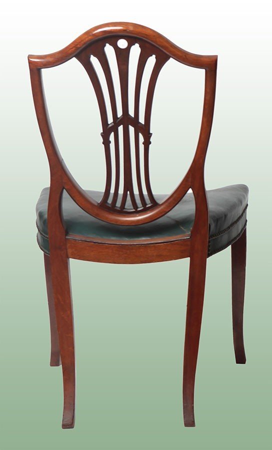 Group Of 8 Mahogany Chairs With Leather Seats, Shield-shaped Backrest, Openwork, And Carved-photo-2