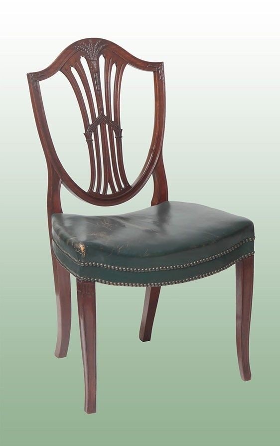 Group Of 8 Mahogany Chairs With Leather Seats, Shield-shaped Backrest, Openwork, And Carved