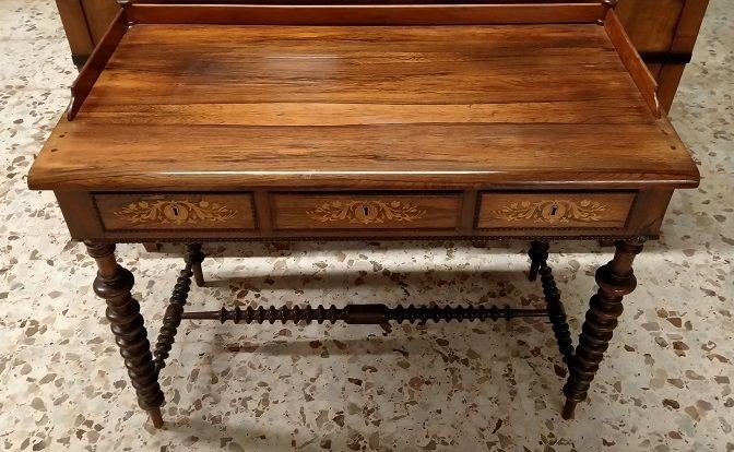 Biedermeier Style Desk In Northern European Rosewood With Turned Legs, Backsplash Top And Inlay-photo-2