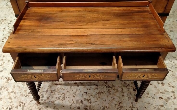 Biedermeier Style Desk In Northern European Rosewood With Turned Legs, Backsplash Top And Inlay-photo-1