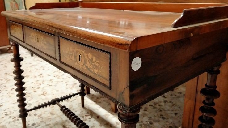 Biedermeier Style Desk In Northern European Rosewood With Turned Legs, Backsplash Top And Inlay-photo-2