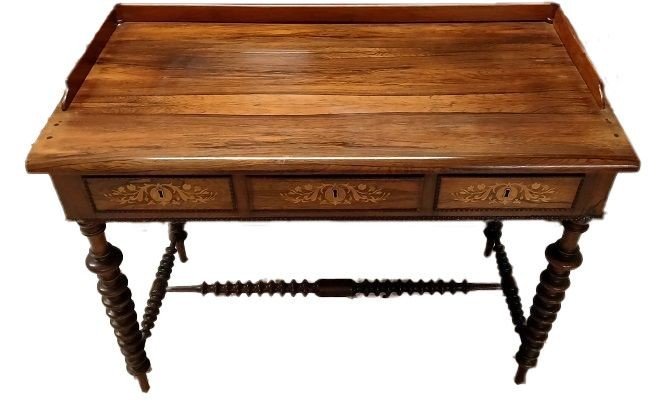 Biedermeier Style Desk In Northern European Rosewood With Turned Legs, Backsplash Top And Inlay