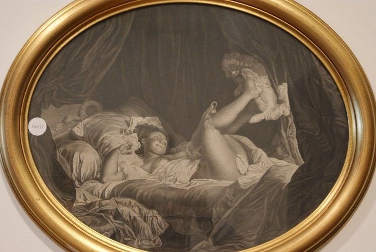Antique French Engraving From The Late 1800s Depicting A Half-naked Young Woman Playing On -photo-2