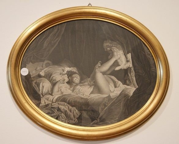 Antique French Engraving From The Late 1800s Depicting A Half-naked Young Woman Playing On 