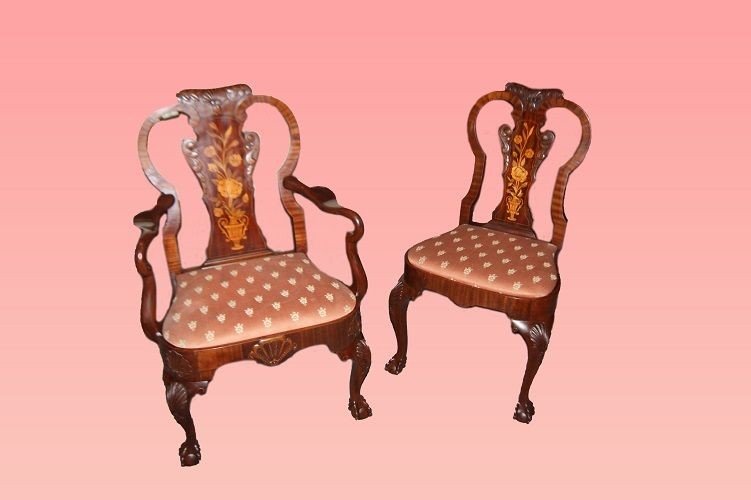 Group Of 6 Chairs And 2 Dutch Chairs From The Late 1800s, Chippendale Style, In Mahogany Wood
