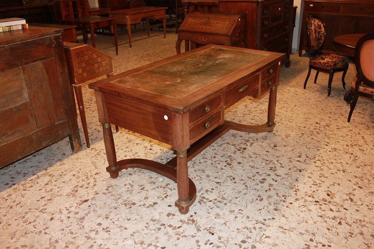 French Desk From The Early 1900s, Empire Style, In Mahogany Wood. It Features A Green Leather -photo-3