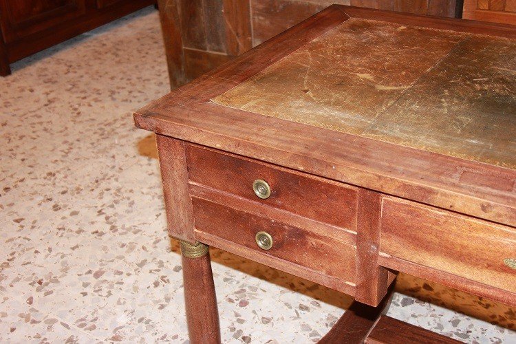 French Desk From The Early 1900s, Empire Style, In Mahogany Wood. It Features A Green Leather -photo-4