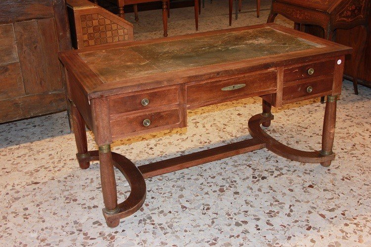 French Desk From The Early 1900s, Empire Style, In Mahogany Wood. It Features A Green Leather 