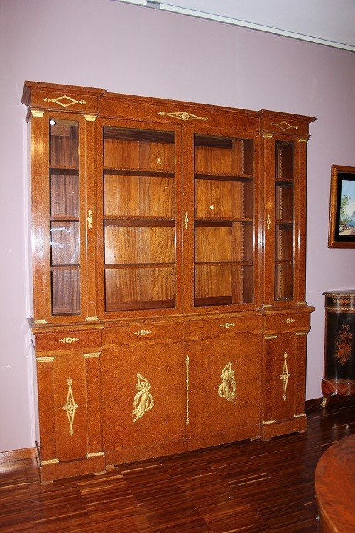 Large French Bookcase From The Second Half Of The 19th Century, Empire Style, In Maple Wood 