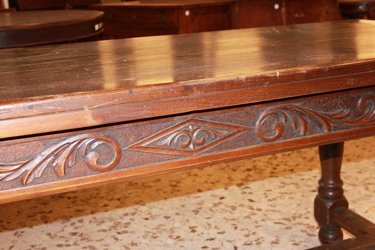 Grande Table Rustique Du Début Du XIXe Siècle, Extensible, Embellie De Motifs Sculptés-photo-1