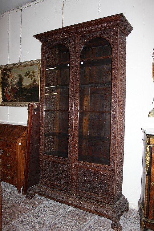 Large Indian Bookcase From The Second Half Of The 19th Century, Made Of Exotic Wood-photo-4