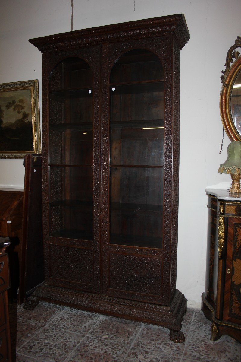 Large Indian Bookcase From The Second Half Of The 19th Century, Made Of Exotic Wood-photo-5