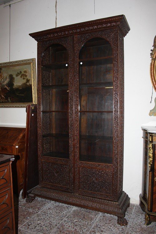 Large Indian Bookcase From The Second Half Of The 19th Century, Made Of Exotic Wood