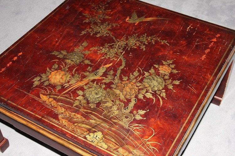 Low Chinese Coffee Table From The Early 1900s, Lacquered Wood. It Features A Top Decorated -photo-3