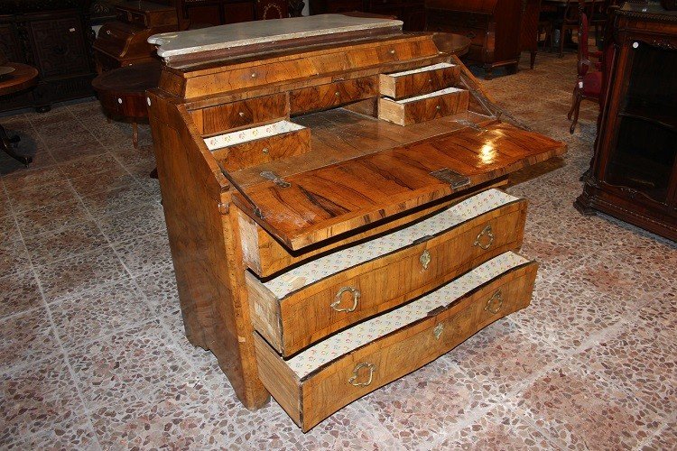 Italian Drop-leaf Chest From The Mid-1700s, Louis XV Style, In Walnut Wood And Walnut Burl-photo-6
