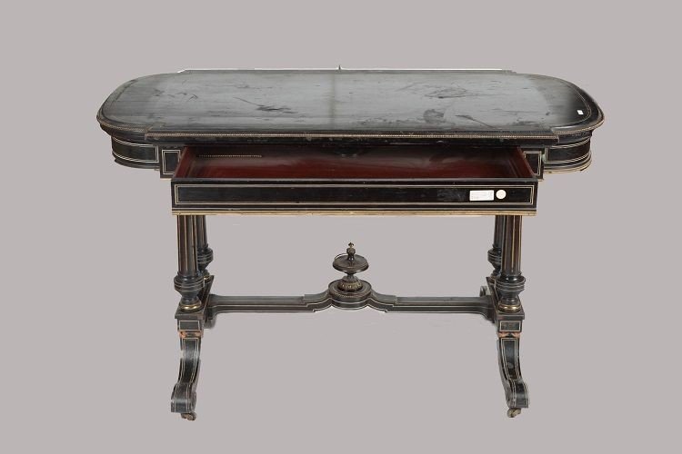 French Mid-1800s Center Table/console, Louis XVI Style, In Ebonized Wood-photo-3