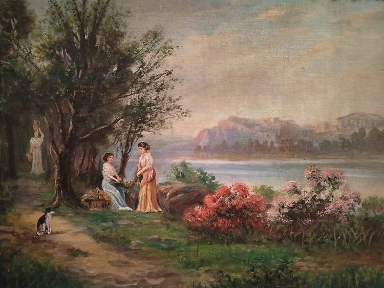 Oil On Cardboard Depicting A Landscape With A Forest And Characters, A Lake, And Mountains -photo-2
