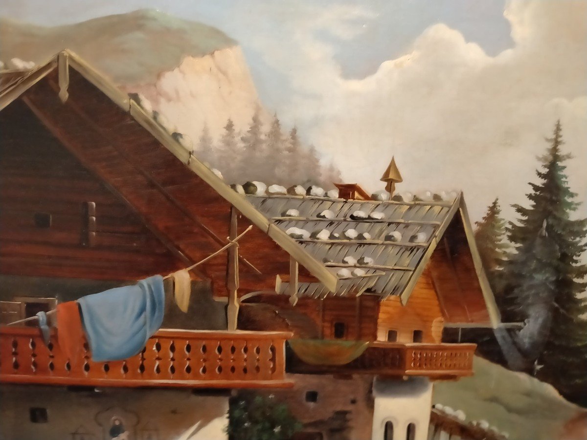 Huile Sur Toile Représentant Un Village De Montagne Avec Des Animaux Du XIXe Siècle-photo-1