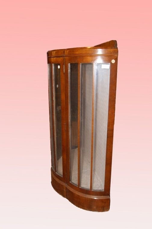 English Half-moon Showcase From The Early 1900s, Art Deco Style, In Walnut Wood-photo-3