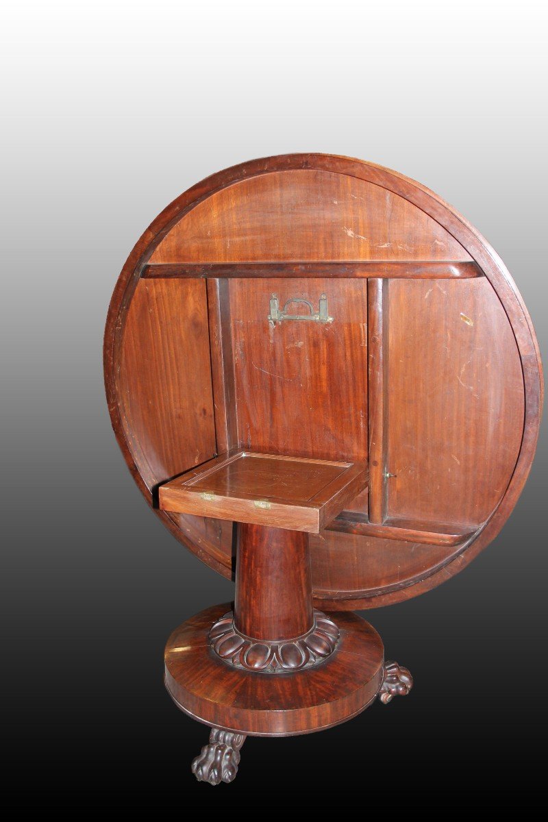 Circular English Sail Table From The Early 1800s, Regency Style, In Mahogany Wood-photo-2