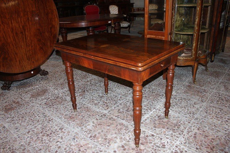 Petite Table à Rabats De Style Charles X En Bois d'Acajou Avec Filet d'Incrustation-photo-3