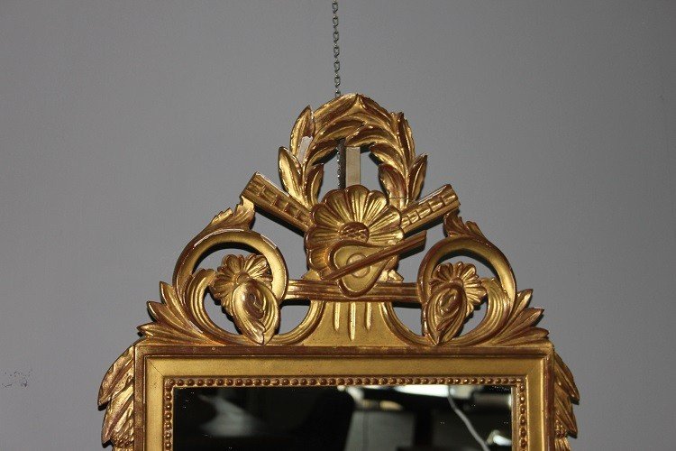 French Mirror From The Second Half Of The 1800s, Louis XVI Style, In Gilt Wood With Gold Leaf-photo-2