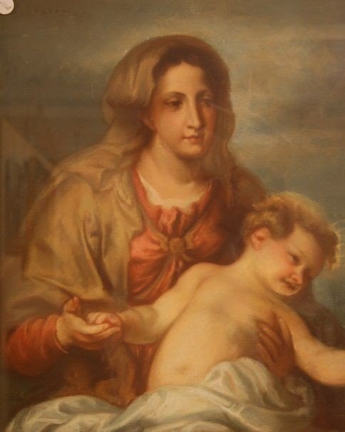 Pastel Sur Carton Représentant La Maternité Du XIXe Siècle, La Vierge à l'Enfant Jésus-photo-2