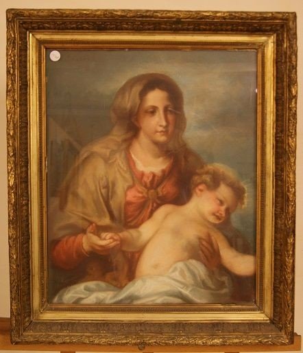 Pastel On French Cardboard From The Mid-1800s Depicting Maternity, Madonna With Child