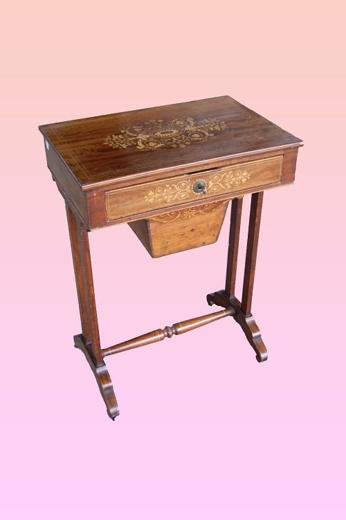 French Working Table From The First Half Of The 19th Century, Charles X Style, In Mahogany Wood