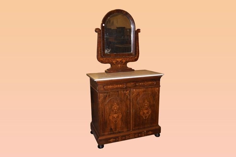 Commode Carlo X Avec Miroir Incrusté Et Plateau En Marbre Du 19ème Siècle