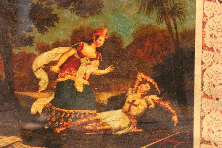 Pair Of Small French Glass Paintings From The Mid-1800s Depicting "the Death Of Clorinda-photo-1