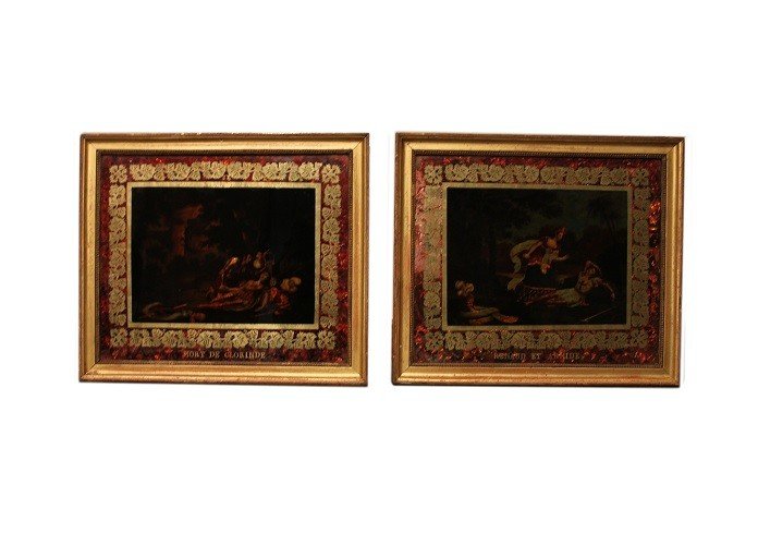 Pair Of Small French Glass Paintings From The Mid-1800s Depicting "the Death Of Clorinda