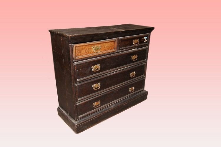 Five-drawer English Chest Of Drawers From The 1700s In Queen Anne Style, Lacquered Wood-photo-2