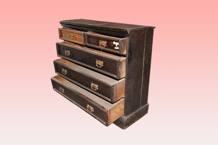 Five-drawer English Chest Of Drawers From The 1700s In Queen Anne Style, Lacquered Wood-photo-3