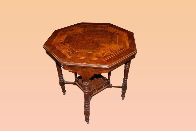 Petite Table Anglaise De Style Victorien Du 19e Siècle En Noyer Et Racine, Avec Incrustations