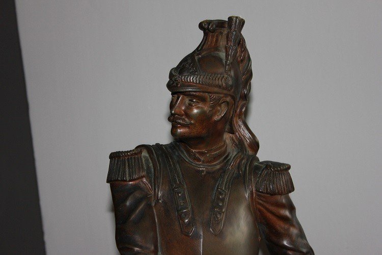 Sculpture Française En Bronze Du 19ème Siècle Représentant Un Soldat Officier Cavalier Dragon -photo-3