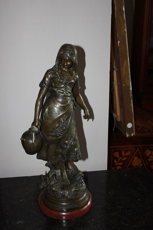French Sculpture From The Second Half Of The 19th Century In Antimony. Depicting A Young Girl