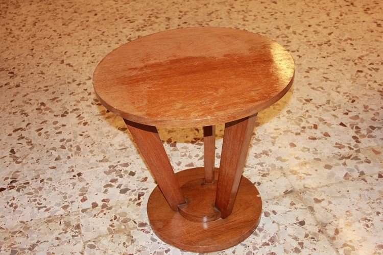 French Circular Coffee Table From The Early 1900s, Art Deco Style, Made Of Walnut Wood. -photo-2