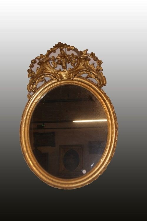 French Mirror From The Mid-19th Century, Louis XV Style, In Gilded Wood With Gold Leaf