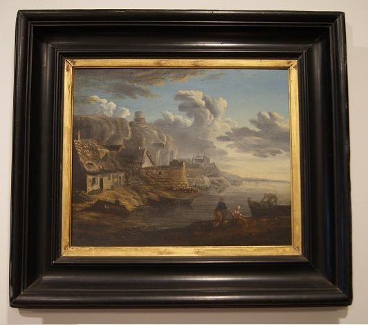 Huile Sur Panneau Français d'Une Vue Marine Des Années 1800