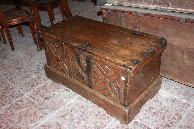 French Chest From The Early 1800s, Rustic Style, Intricately Carved Walnut Wood-photo-3