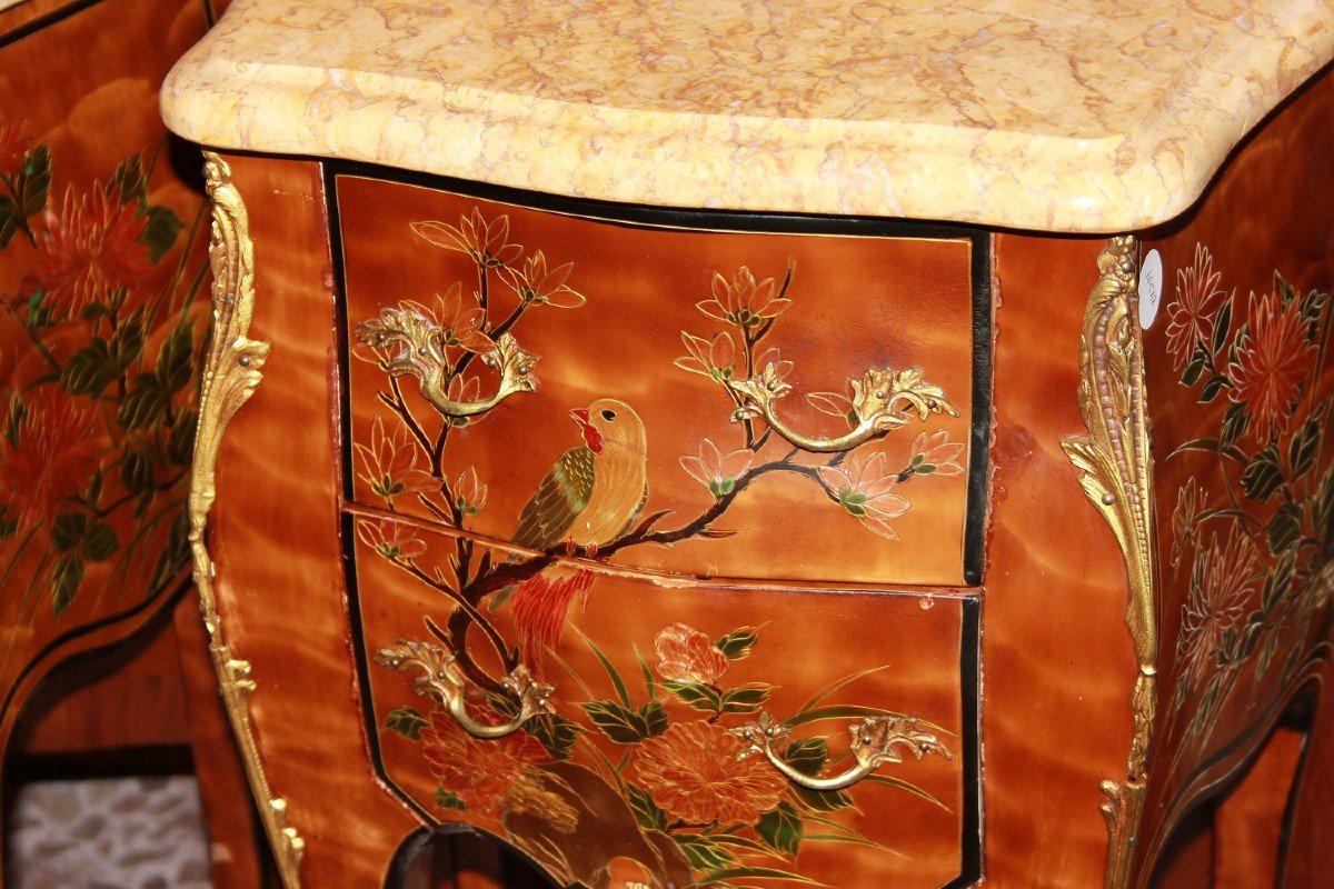 Couple De Tables De Chevet Chinoises De Style Louis XV, Peintes à Motif Floral Avec Des Animaux-photo-4