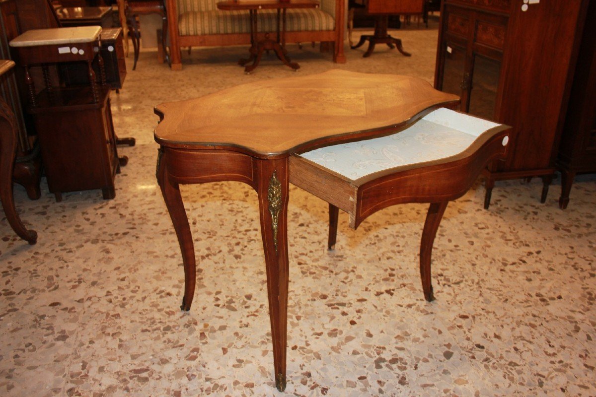 Writing Desk Center Table, Louis XV Style, Floral Inlaid Design-photo-1