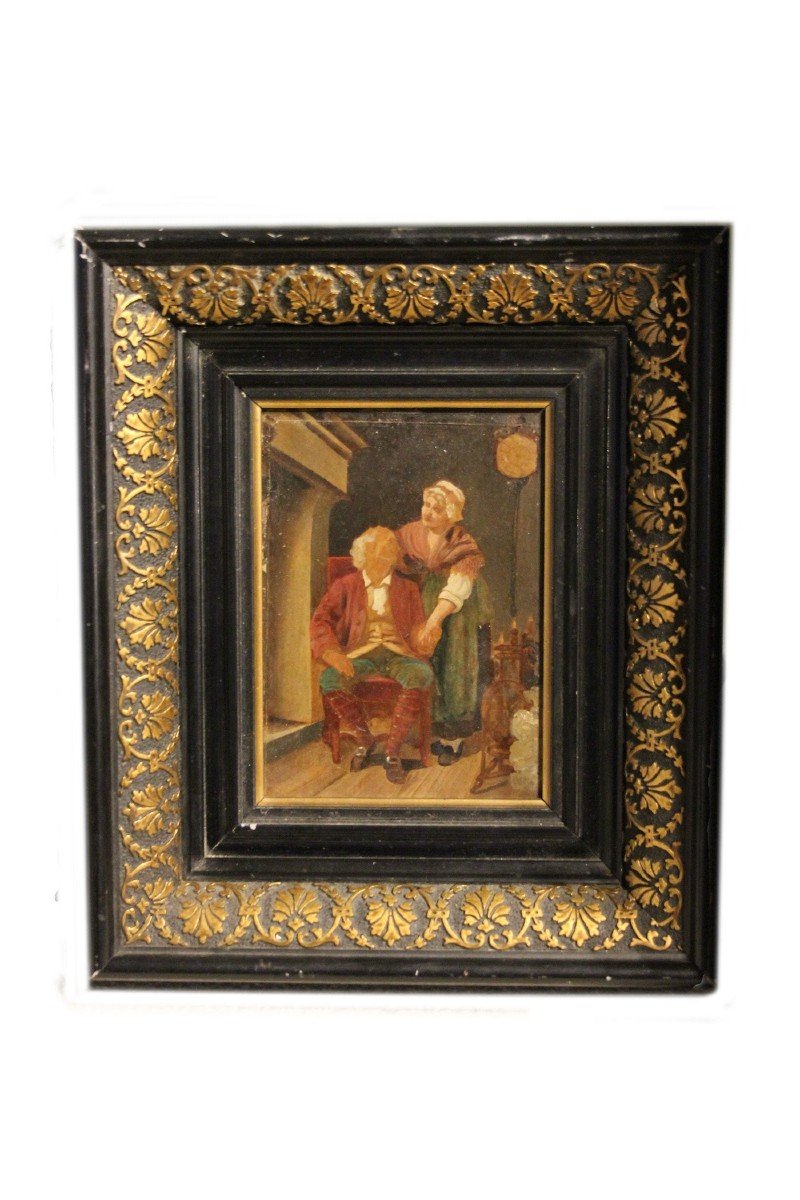 Pair Of Small French Oil Paintings On Panels From The 1800s Depicting Everyday Life Scenes-photo-1