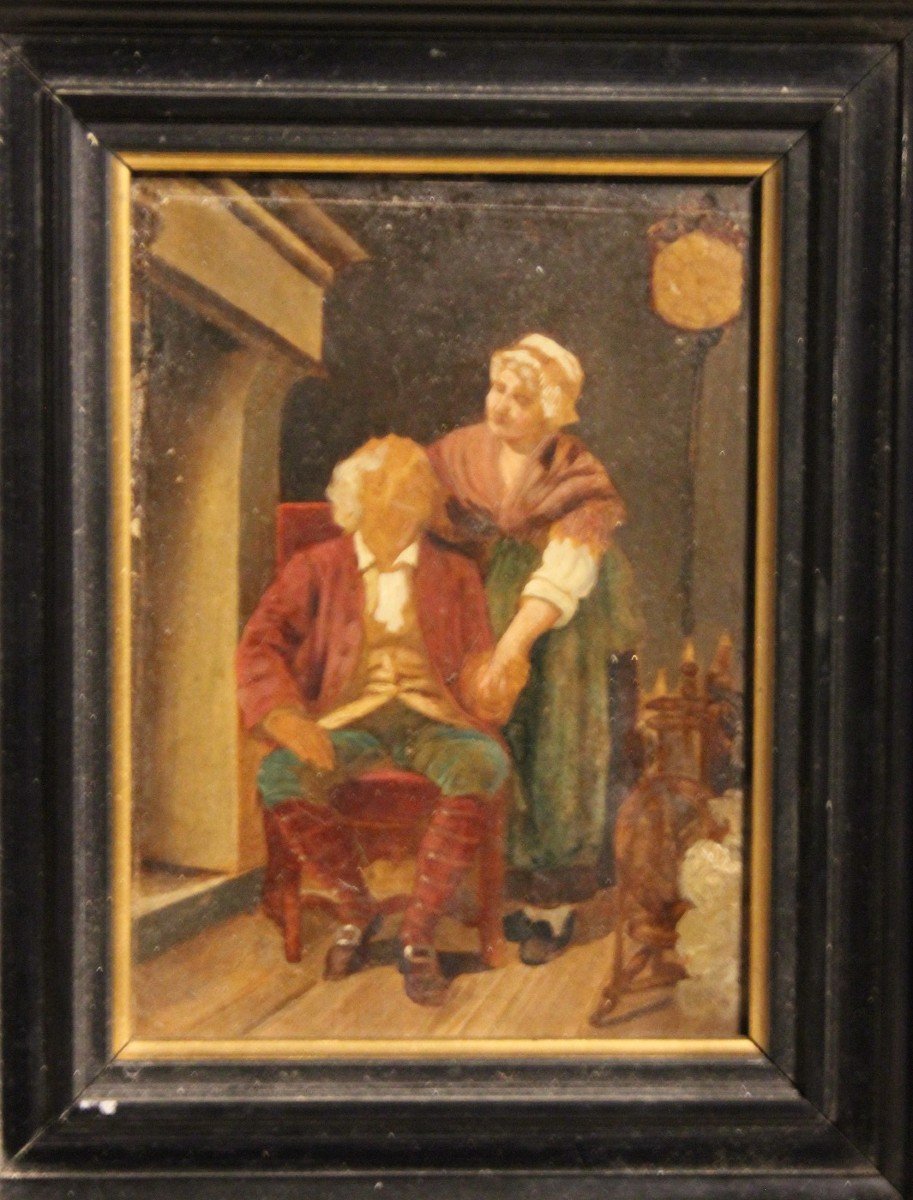 Pair Of Small French Oil Paintings On Panels From The 1800s Depicting Everyday Life Scenes-photo-2